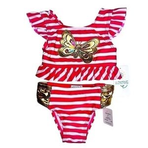 Flapdoodles 3T Girls 2 Piece Swimsuit Pink Gold Sequin Butterfly NWT